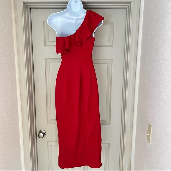 Show Me Your MuMu Florentine red stretch one shoulder ruffle midi dress - Picture 5 of 12